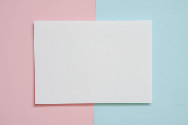 horizontal blank white A4 paper on pink and blue paper pastel. flat lay, copy space. - 写真・画像