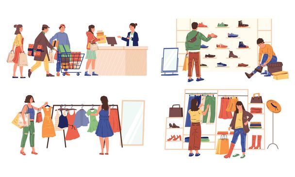 Characters shopping. People at retail store or supermarket with grocery bags and carts. Vector happy cartoon friends and family at store - Vettoriali, immagini