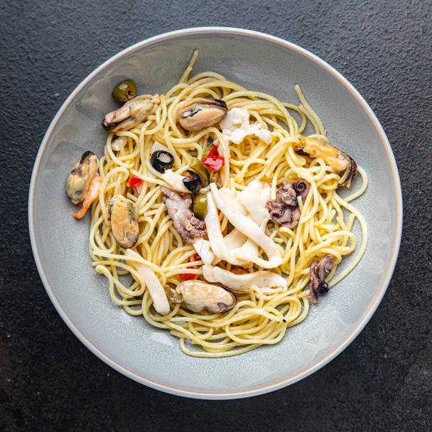 pasta seafood spaghetti healthy meal food snack on the table copy space food background rustic top view - Photo, Image