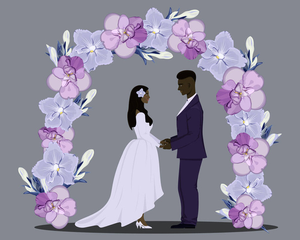 Οι ερωτευμένοι νιόπαντροι κρατούν ο ένας τα χέρια του άλλου κάτω από μια λουλουδάτη αψίδα σε μωβ τόνους - Διάνυσμα, εικόνα