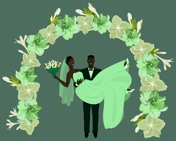 Happy groom holding the bride in his arms under the flower arch - Vektor, kép