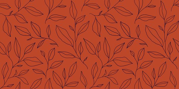Seamless pattern with one line leaves. Vector floral background in trendy minimalistic linear style. Hand drawn outline design for fabric , print, cover, banner and invitation. - Вектор, зображення
