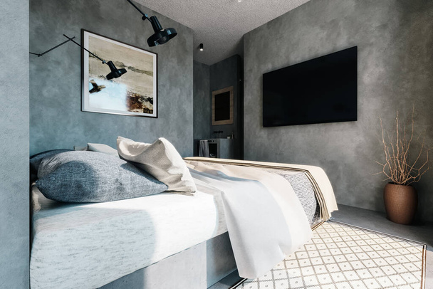 3d rendering of bedroom interior, connected to the open bathroom, all made from concrete - Zdjęcie, obraz