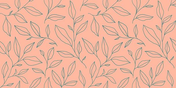 Seamless pattern with one line leaves. Vector floral background in trendy minimalistic linear style. Hand drawn outline design for fabric , print, cover, banner and invitation. - Vektor, obrázek