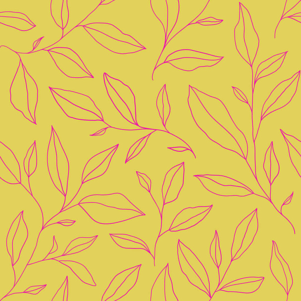 Seamless pattern with one line leaves. Vector floral background in trendy minimalistic linear style. Hand drawn outline design for fabric , print, cover, banner and invitation. - Vektor, Bild