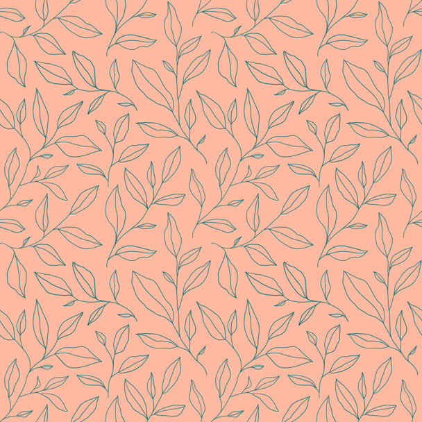 Seamless pattern with one line leaves. Vector floral background in trendy minimalistic linear style. Hand drawn outline design for fabric , print, cover, banner and invitation. - Vector, imagen