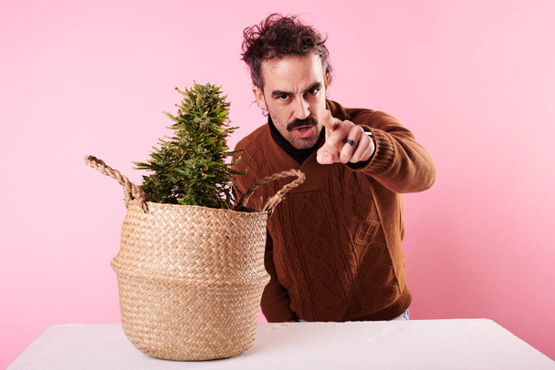 a young man pointing his finger at a cannabis plant on a pink background - Valokuva, kuva