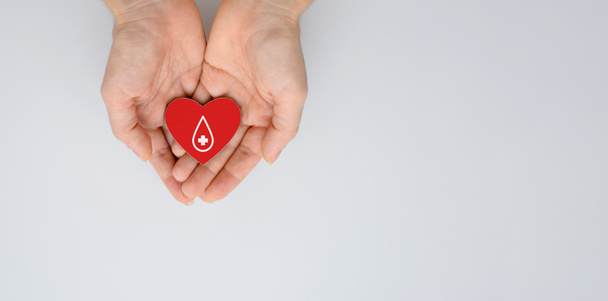 Blood donation concept. Red heart with a drop of blood in the hands. Copy space. - Foto, immagini