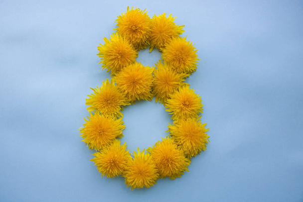 Рисунок 8 жовтих квітів кульбаби на синьому фоні. Концепція восьмого березня святкового
. - Фото, зображення