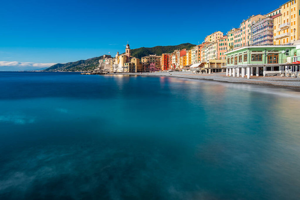 View of the maritime village of Camogli on the Italian Riviera, with its colorful houses - 写真・画像