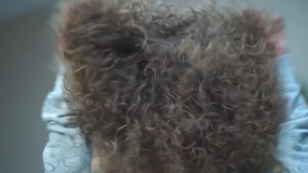 Slow motion. Close-up of a beautiful young woman with curly hair, smiling, looking at the camera, waving her hair in different directions - Footage, Video