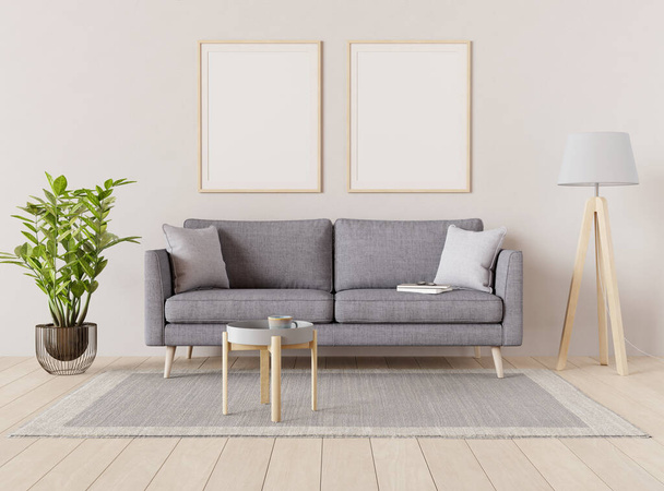 Living room interior with sofa, floor lamp and plant. Two picture mock ups on the wall 3D render. 3D illustration. - Fotoğraf, Görsel