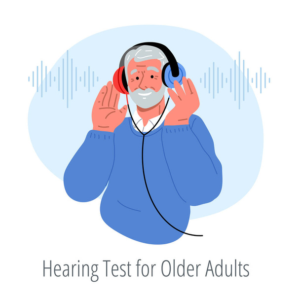 Sonriendo senior usando auriculares, haciendo la prueba de audición para las personas mayores. - Vector, Imagen