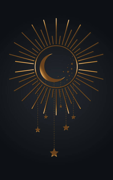 Sun, Moon and stars Icon, Boho Witch and Magic symbol. mystic art sign, gold luxury emblem. Vector illustration isolated on black background, Flat style for graphic and web design, logo, sticker - Vektor, kép