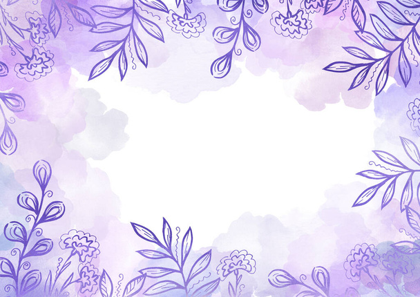 Watercolor Violet provence background. Frame with white Backdrop. Floral elements. White leaves. Blot and Splash - Фото, изображение