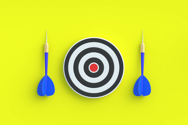Toys for kids. Hobbies and leisure. International tournament, competition. Darts game on yellow background. Dart and bullseye. Top view. 3d render - Foto, Imagen