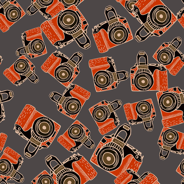 Photo camera vintage seamless pattern. Retro photo cameras design. Repeated texture in doodle style for fabric, wrapping paper, wallpaper, tissue. Vector illustration. - Vetor, Imagem