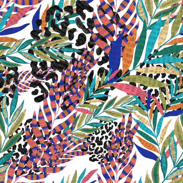 Padrão abstrato sem costura moderno com folhas tropicais coloridas criativas e manchas de leopardo. Fundo de verão brilhante retro. ilustração da folhagem da selva. Design botânico de roupa de banho. Impressão exótica vintage. - Foto, Imagem