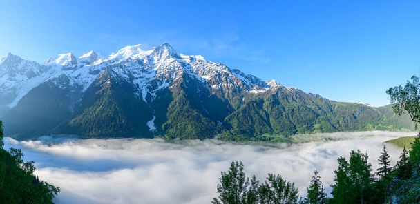 Эта пейзажная фотография была сделана в Европе, во Франции, в Альпах, в Шамони, летом. Мы видим панорамный вид на массив Монблан, под солнцем. - Фото, изображение