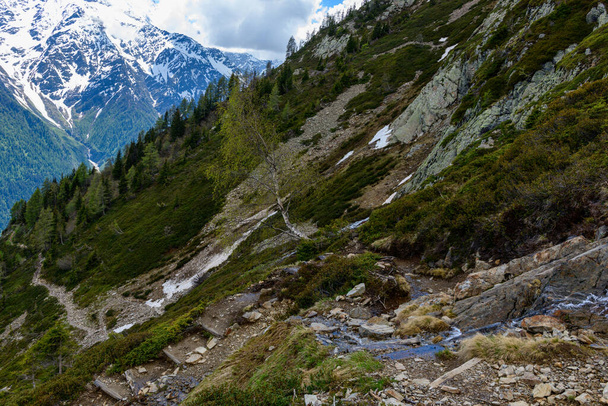 Tato fotografie krajiny byla pořízena v Evropě, ve Francii, v Alpách, směrem na Chamonix, v létě. Vidíme turistickou stezku na okraji Aiguillette des Houches v masivu Mont Blanc, pod sluncem. - Fotografie, Obrázek