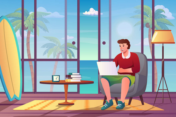 フラット漫画のデザインでフリーランスの労働者の概念。人のフリーランスは、熱帯の島の海の景色を望む巨大な窓のある部屋に座っている間、ラップトップで働いています。人物シーンを背景にしたベクターイラスト - ベクター画像