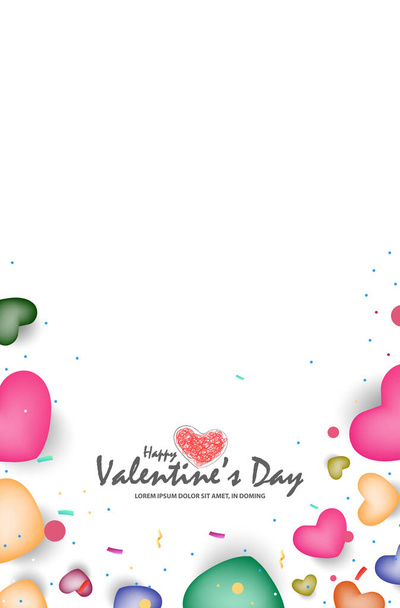 Feliz día de San Valentín con corazones coloridos y confeti sobre fondos blancos. - Vector, Imagen