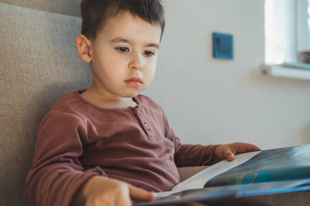 Caucasian little boy reading book at home. Fairy tale story. - Фото, зображення