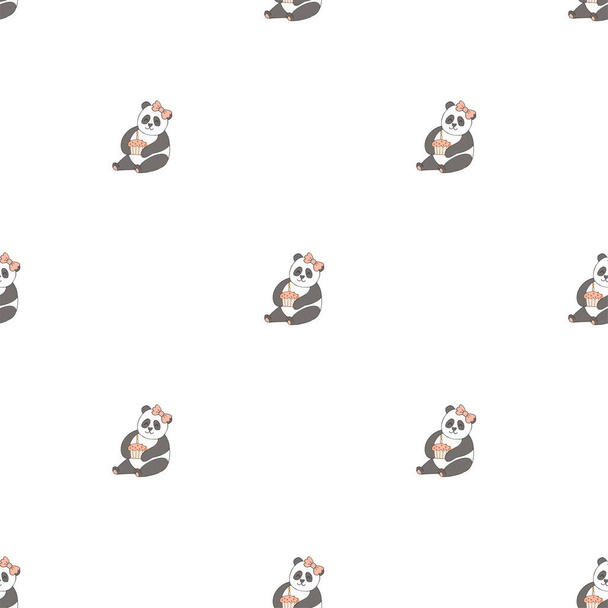 Hand drawn cute animals. Seamless pattern. Panda, cupcake with candle. White background. Vector. - Vector, afbeelding