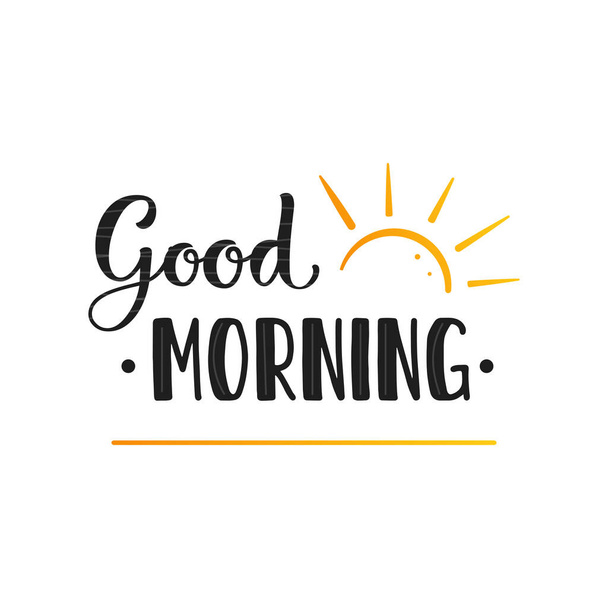 Lettering Good morning. Letters with the Sunrise. Black words with the yellow rising sun on a white background. - Wektor, obraz