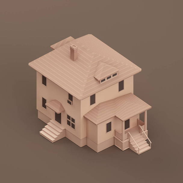 Isometric detached house, miniature detached house model flat and solid brown color, 3d Rendering, nobody - Fotoğraf, Görsel