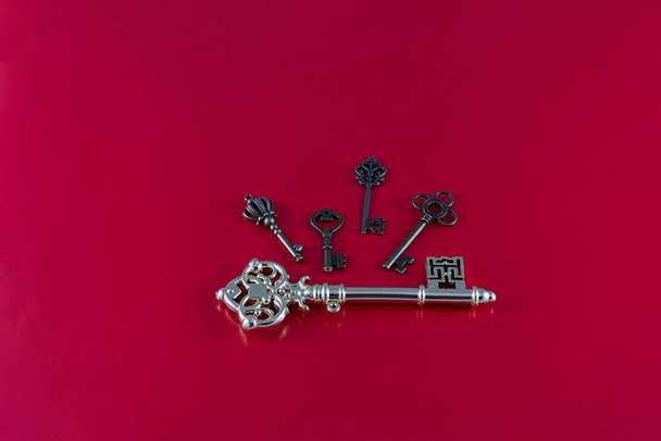 A large golden key and small bronze keys on a red background - Photo, image