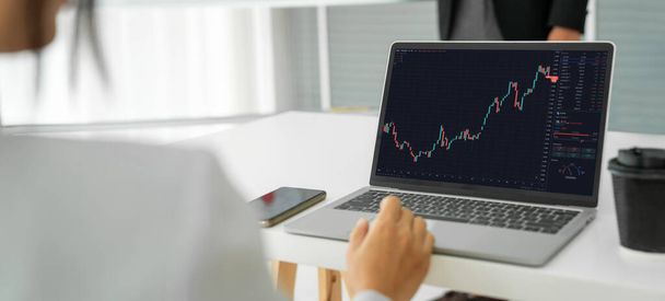 ラップトップコンピュータを使って株式市場のデータを効率的に分析するビジネスウーマン - 写真・画像
