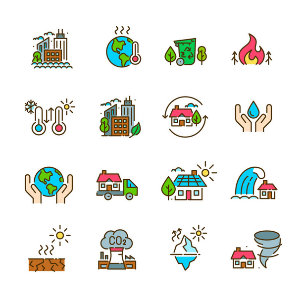 Global warming symptoms and prevention. Water conservation, clean energy and recycling. Natural disasters and heating. Pixel perfect, editable stroke - Vector, Image