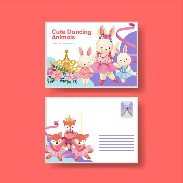 Postcard template with Fairy ballerinas animals concept,watercolor styl - Vector, Image