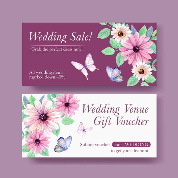 Voucher template with peri spring flower concept,watercolor styl - Vector, Image