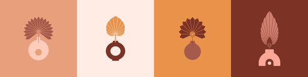 Boho Vases and Palm Dried Leaf in Trendy Minimalist Style. Vector Bohemian Icons for Creating Logo - Vektor, obrázek