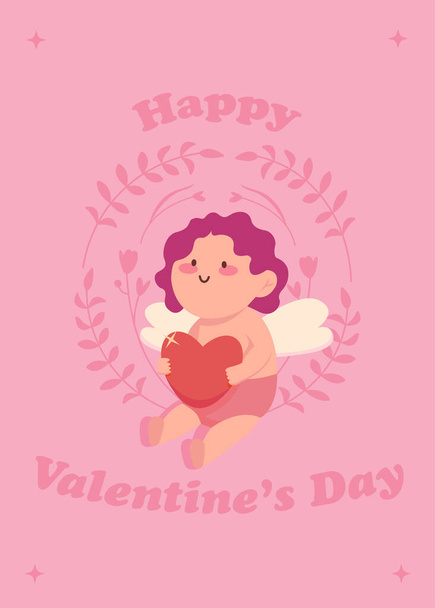 Valentines day postcard.Happy Valentines day. Baby cupid with arrow. Festive valentines day greeting card - Vetor, Imagem