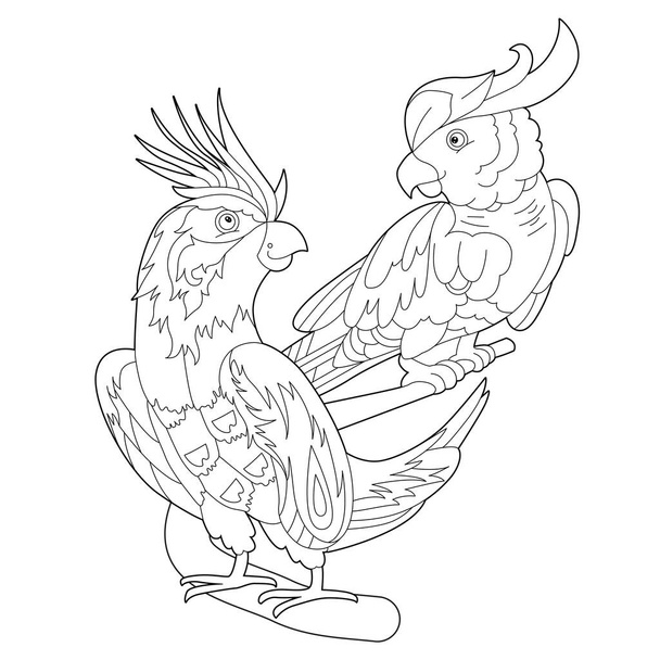 Σχετική γραμμική απεικόνιση για το χρωματισμό του βιβλίου με δύο όμορφα πουλιά. Όμορφο χαριτωμένο ζευγάρι, αντι-στρες εικόνα. Γραμμικός σχεδιασμός τέχνης για ενήλικες ή παιδιά σε zen-κουβάρι στυλ, τατουάζ και χρωματισμού σελίδα - Διάνυσμα, εικόνα
