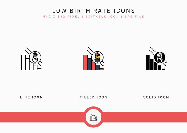 Low birth rate icons set vector illustration with solid icon line style. Loss birth rate population concept. Editable stroke icon on isolated background for web design, user interface, and mobile application - Vektor, kép