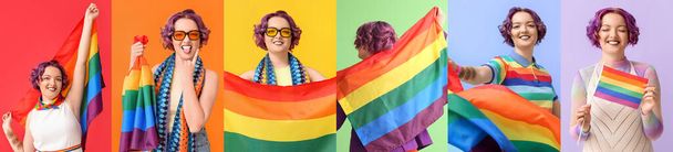 Beautiful young woman with unusual hair and flag of LGBT on color background - Фото, изображение
