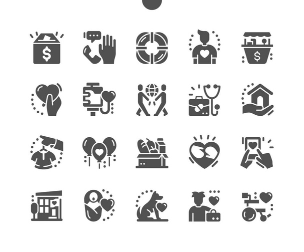 Charity. Voluntary service. Blood donation. Save world. Health check. Shelter. Food and clothes donation. Vector Solid Icons. Simple Pictogram - Vektori, kuva