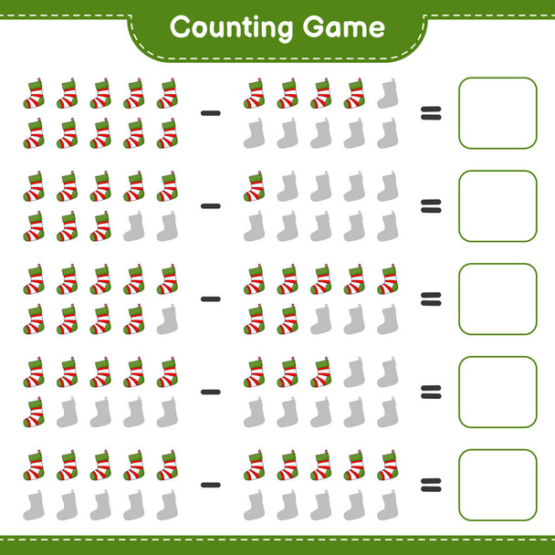 Contar el juego, contar el número de calcetines de Navidad y escribir el resultado. Juego educativo para niños, hoja de trabajo imprimible, ilustración vectorial - Vector, imagen