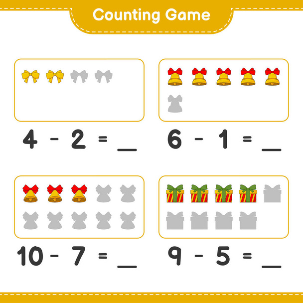 Counting game, count the number of Christmas Bell, Ribbon, Gift Box and write the result. Educational children game, printable worksheet, vector illustration - Vetor, Imagem