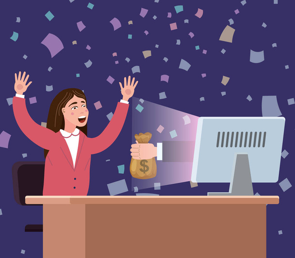 Successful joyful businesswoman receives a bag of money from the computer screen. Earn money online, financial success, win lottery prize. Falling banknotes, confetti, winning. Vector illustration - Vettoriali, immagini