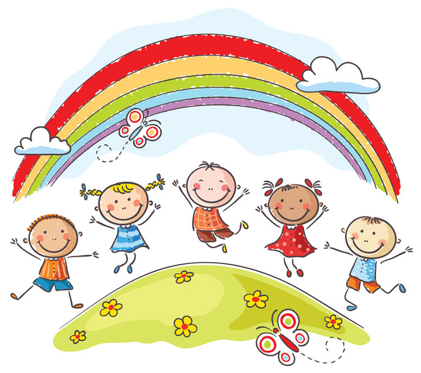 Kinder springen vor Freude unter einem Regenbogen - Vektor, Bild