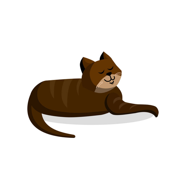 Brązowy ładny kot leży na odosobnionym tle. Ilustracja kreskówki wektor - Wektor, obraz