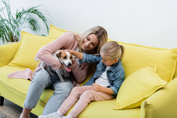 Smiling mother and daughter holding jack russell terrier on couch at home  - Valokuva, kuva
