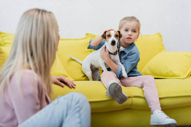 Kid hugging jack russell terrier near blurred mom at home  - Photo, image
