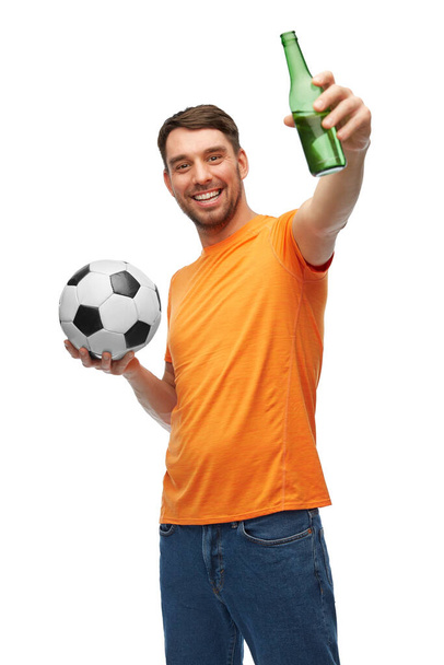 happy football fan with soccer ball and beer - Zdjęcie, obraz