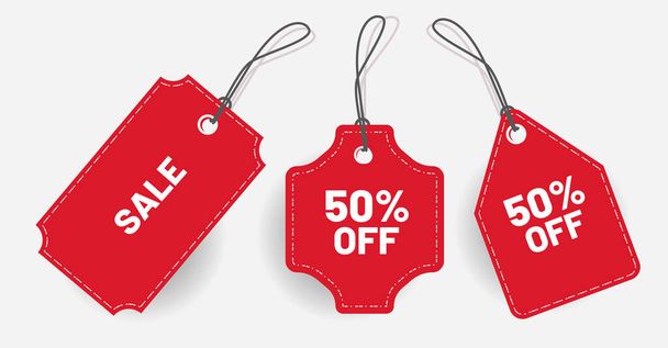 Red discount label 50 Off and sale with various shape - Vector - Διάνυσμα, εικόνα